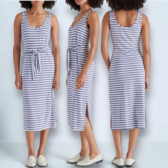 STEVE MADDEN Women’s Stripe Tie Waist Midi Dress in the Size Large in Faded Ink - Picture 3 of 6